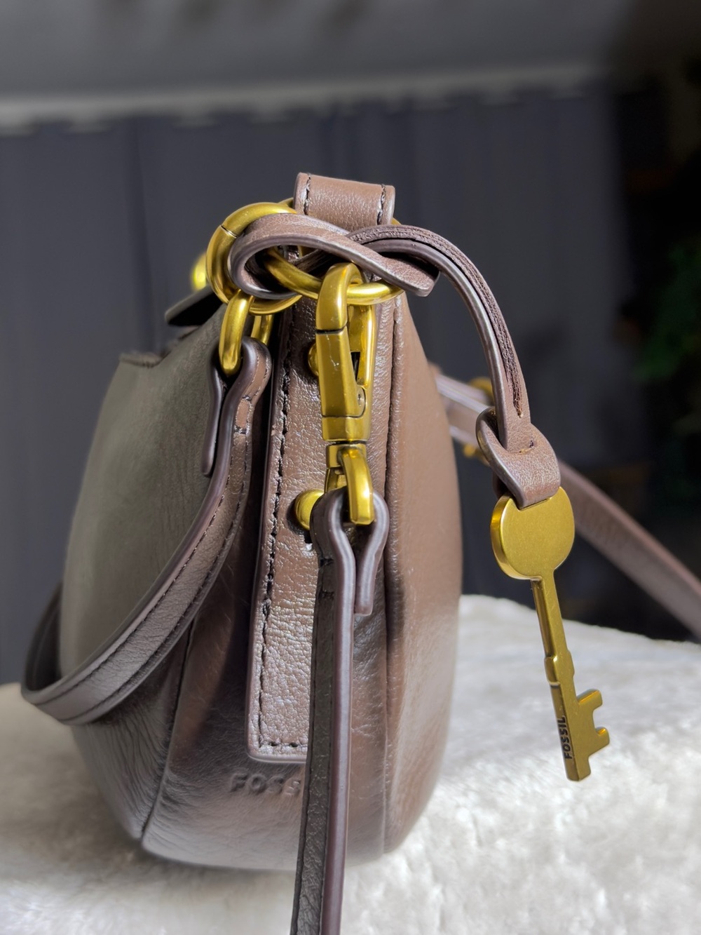 Fossil Jolie Brown Pebbled Leather Baguette Shoulder Bag - Picture 6 of 15